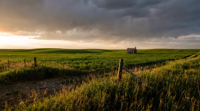 Storm clouds gather over vast green rolling hills with a small solitary house and fence line.