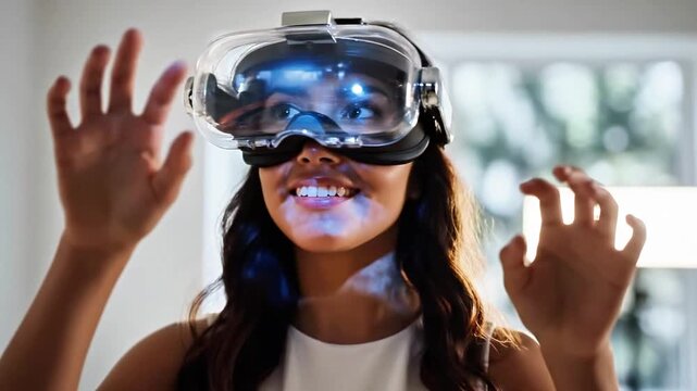 A woman experiences virtual reality with a headset on