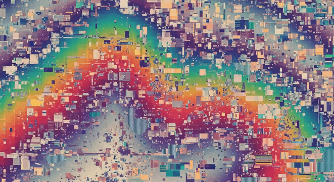 Abstract Rainbow Glitch Art with Digital Pixels and Geometric Shapes