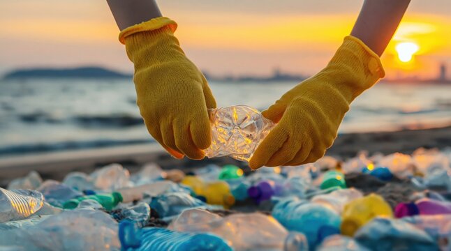 Pollution cleanup of plastic waste on sandy beach by ocean for environment gloves