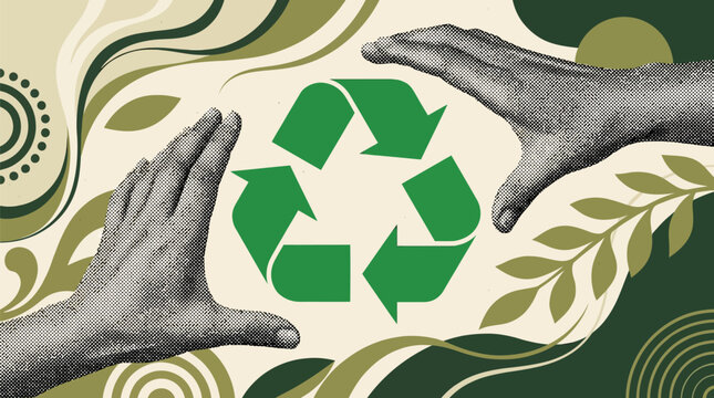 Hands reaching towards a central recycling symbol reflect a commitment to planetary preservation efforts.