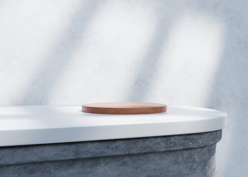 Minimalist Wood Podium on White Concrete Table with Shadows