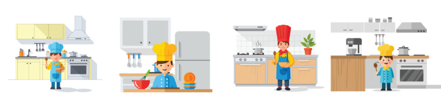 Diverse cartoon characters portraying chefs and cooks in various kitchen settings, engaged in culinary tasks like baking, stirring, and food preparation, illustrating the joy of cooking