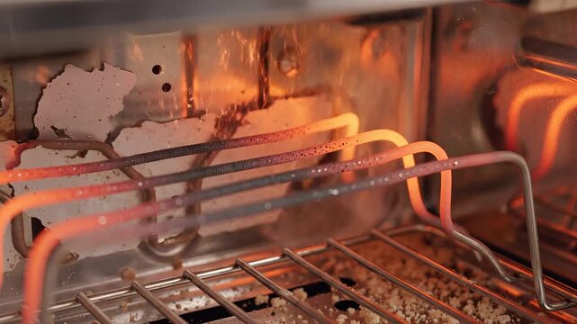 Closeup of glowing red heating elements inside a toaster oven.