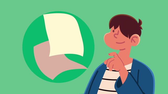 Animated thought bubble showing papers above thinking person on green background with motion.