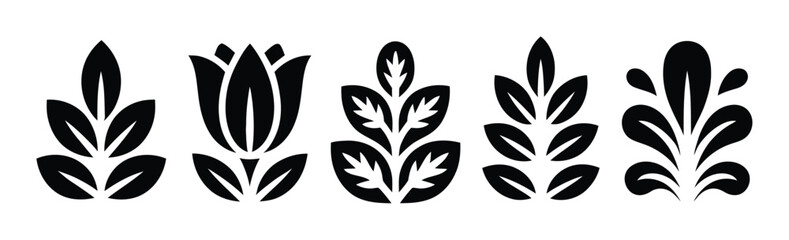 Fototapeta premium Collection of Five Black Floral and Leafy Silhouettes on White Background