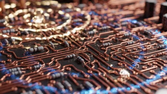 Intricate Copper Circuit Board with Resistors, Futuristic Technology Background