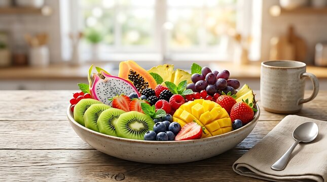 Mangkuk keramik penuh salad buah eksotis beraneka ragam yang melambangkan kelimpahan panen vitalitas tubuh dan kenikmatan makanan organik
