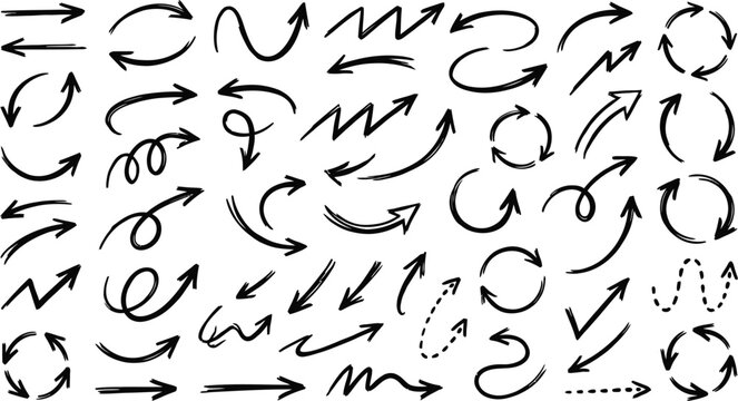Arrows organized in a comprehensive set display various directional paths and cyclical movements for infographics.