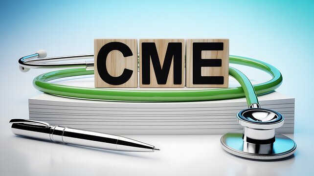 CME text on wooden blocks with stethoscope and pen representing continuing medical education professional development and healthcare learning.