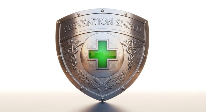A visually striking metallic prevention shield with a prominent green medical cross, symbolizing robust health protection, proactive well-being, and vital disease defense