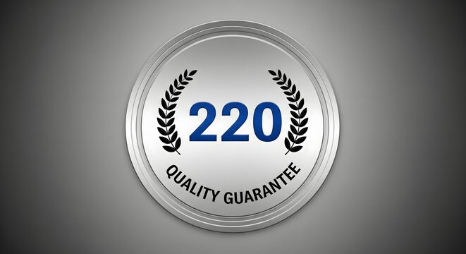 Premium Quality Guarantee Silver Emblem with 220 Value Certification and Laurel Wreath Design, Indicating High Standards and Excellence