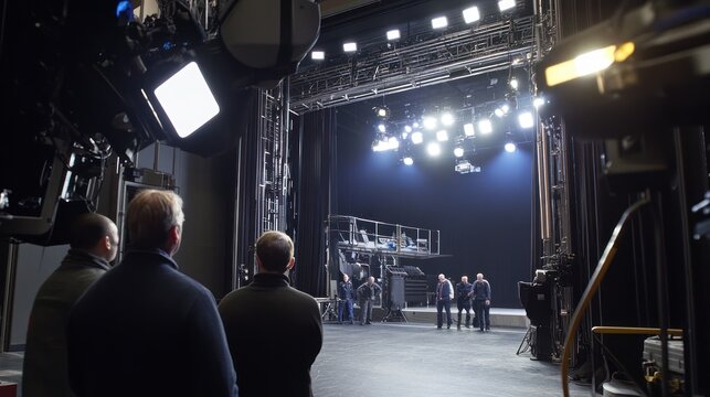 Professional TV studio with lighting rigs, camera crew, and stage