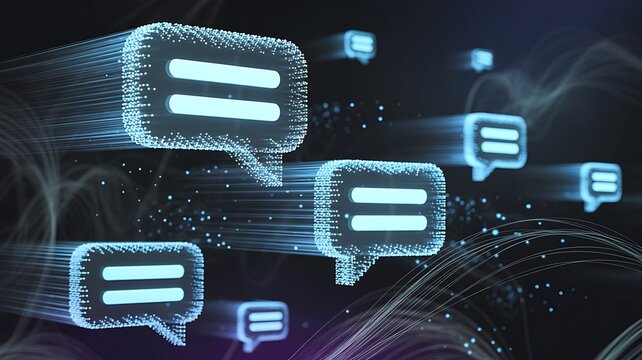 Bright blue digital chat bubbles composed of glowing particles and light streaks moving forward on a dark background conveying fast communication and data transfer.