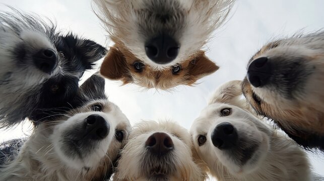 Unusual low angle perspective of a curious group of diverse dog breeds looking down at the camera