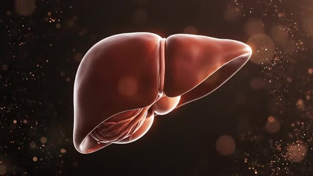 Professional medical animation realistic liver floating against abstract dark background anatomically correct organic textures depth of field cinematic atmosphere soft ambient glow photorealistic CGI 
