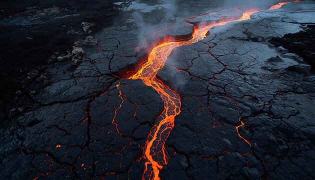 Molten lava glowing beneath fractured cooling volcanic crust