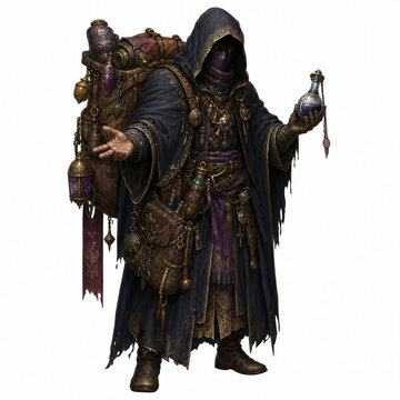 Mysterious fantasy merchant in hooded robe carrying large backpack with potions