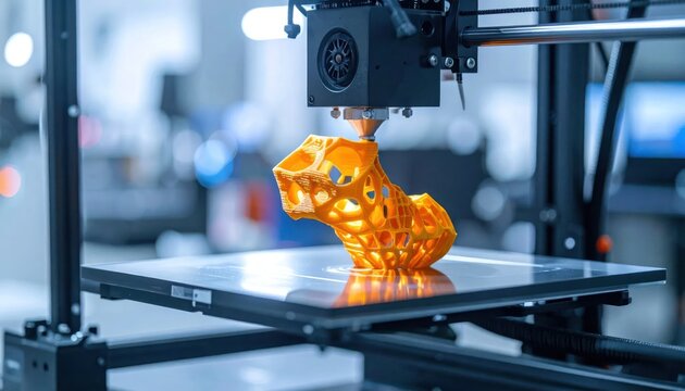 Orange 3d Printed Object Forming on Modern Printer Bed in Technology Workshop