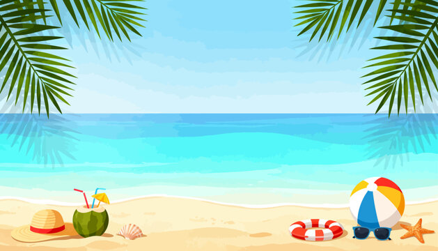 Sun-kissed beach with turquoise waves and palm fronds. Coconut, straw hat, and colorful beach ball rest on soft sand. Seashell and starfish add coastal charm to the scene