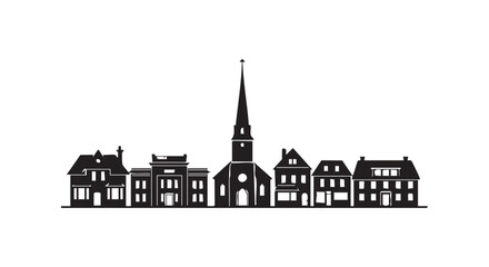 Fototapeta premium Small town silhouette with church and houses on white background vector illustration.