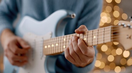 Obraz premium Close up of person playing light blue electric guitar with bokeh holiday lights in background