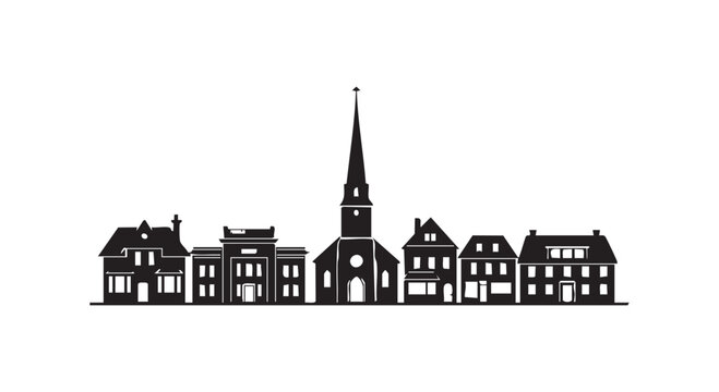 Small town silhouette with church and houses on white background vector illustration.