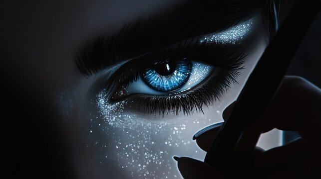 Close-up of a blue eye with dramatic makeup and water droplets
