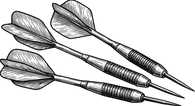 Vintage engraved dart set illustration featuring sharp arrows with detailed feather flights artwork