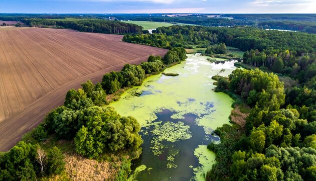 aerial view of pond and forest.