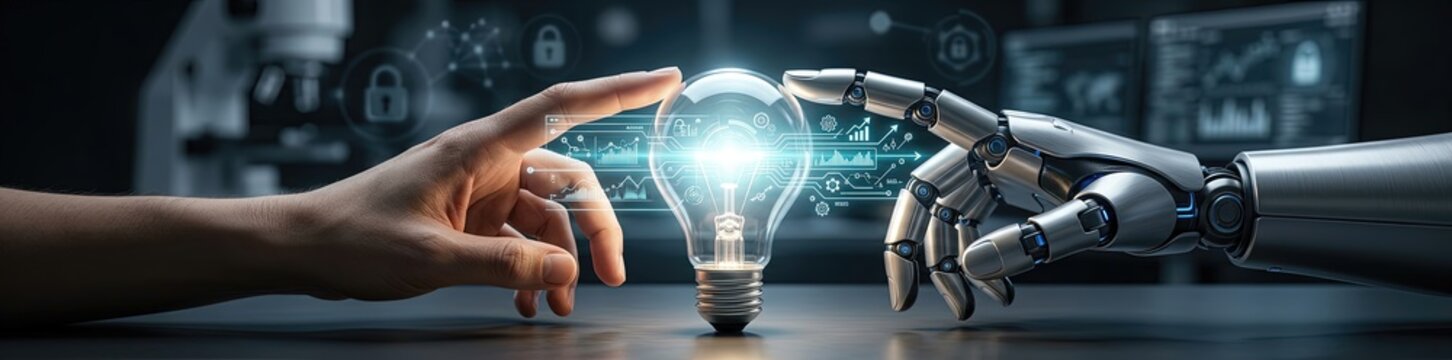 Innovative human-robot interaction demonstration technology lab digital art futuristic environment close-up viewpoint artificial intelligence concept