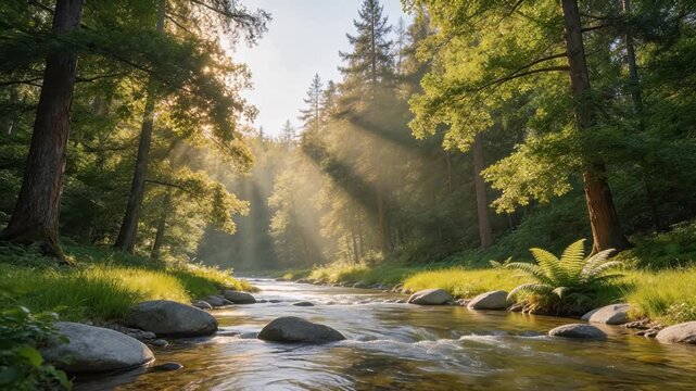 Sunlit forest stream with rocks