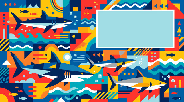 Vibrant abstract geometric illustration depicting various stylized sharks and small fish swimming in a colorful underwater scene with a blank text box.