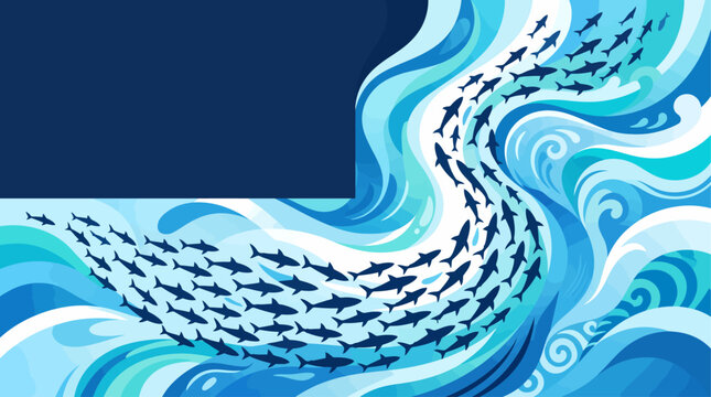 A dynamic illustration of a large school of fish swimming through swirling blue ocean waves, depicting marine life and aquatic motion.