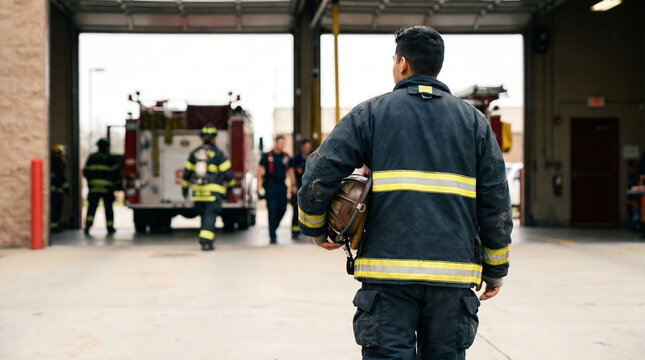 Male firefighter in protective turnout gear, holding helmet under his arm, walking toward fire truck, active fire station garage bay, emergency services photography