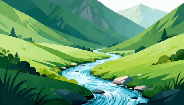 Serene river winds through lush green valley. Rolling hills rise gently under soft sunlight. Rocks line the stream's edge, offering quiet charm. Vast mountains loom in the distance, soft and grand