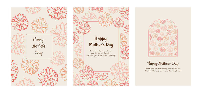 Happy Mother's Day greeting card template set, featuring hand drawn red, pink, and orange aster flowers, botanical line art, floral frames, and arch designs, using Cookie, Bubblegum Sans, Gaegu font