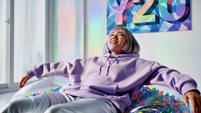 A woman in purple clothing sits on a colorful bean bag in a room