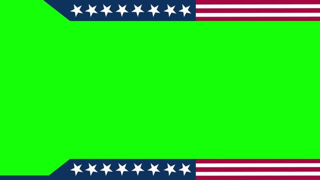 Patriotic green screen frame featuring American flag stars and stripes in top and bottom corners, perfect for video overlays, broadcasts, presentations, Fourth of July graphics.