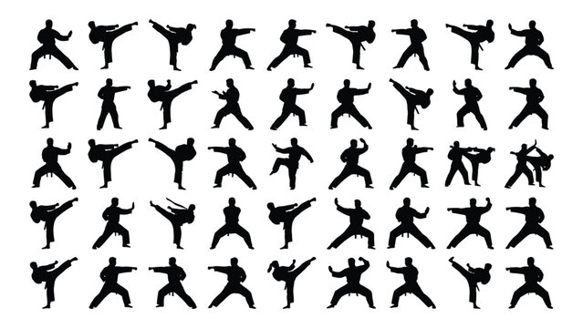 Collection of martial arts silhouettes depicting various fighting poses on a white background silhouette