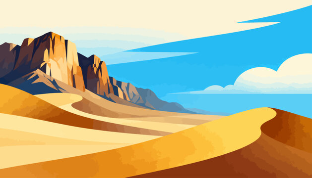 Golden dunes ripple under a vast, clear blue sky. Rugged cliffs rise in warm ochre hues behind the sands. Soft clouds drift gently, adding depth to the horizon. Stillness reigns, evoking calm