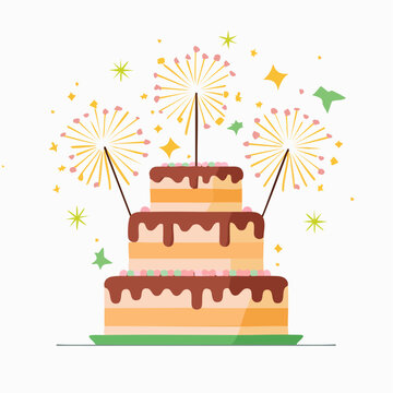 A colorful illustration of a three-tiered chocolate cake with fireworks exploding above it on a festive occasion with celebrations and decorations.