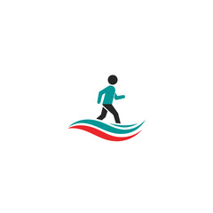 Fototapeta premium Simple Icon of a Person Walking on a Red and Blue Wave or Ribbon, Symbolizing Movement, Journey, and Balance on an Isolated White Background