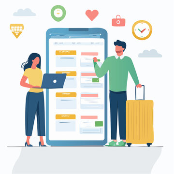 Couple Planning Travel Using Mobile App and Laptop