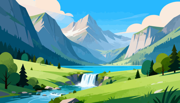 Lush green fields stretch beneath towering, snow-dusted peaks. Clear stream flows past a gentle waterfall, sparkling under the sun. Trees dot the valley, adding depth and tranquility to the scene