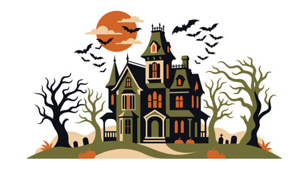 A spooky haunted house with orange glowing windows and bats flying around under a full moon on a dark autumn night with bare trees and pumpkins on the lawn for Halloween. Vector Illustration © Dikzma