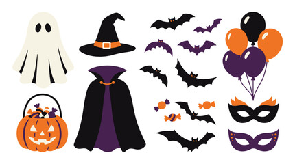 Halloween decorations and costumes for kids festive elements including ghost witch hat pumpkin bucket bats balloons and masks in orange black and purple perfect for party supplies and spooky celebrati © Dikzma