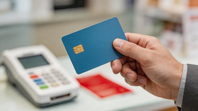 Customer paying with blue credit card at point of sale terminal, contactless payment transaction process, modern banking finance technology, secure electronic money transfer