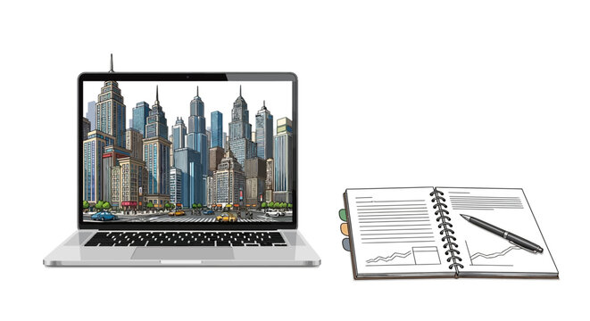 Laptop with cityscape on screen and notebook with pen on white background