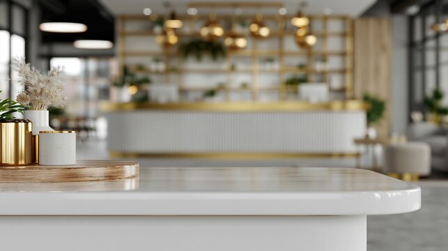 Modern and luxurious reception area with gold accents and elegant decor, creating a welcoming and sophisticated first impression.
